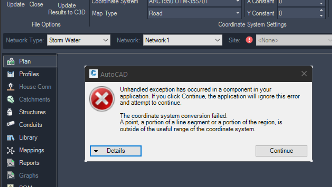 Survey-Unhandled Exception-Coordinate system conversion failed